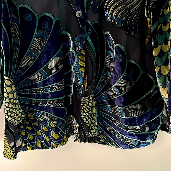 NWOT.  Citron vibrant & sheer blouse. Lightweight with a peacock colored design. - Picture 5 of 11